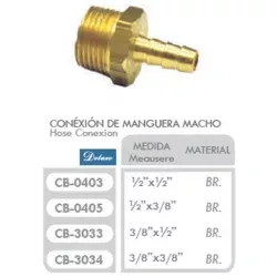 Conexion Manguera Macho 1/2 NPT X 3/8 Pulgada Espiga (Bronce)